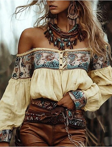  Mulheres Blusa Western camisa Boho Blusa Imprimir Flor Moderno Boho Manga Longa Ombro a Ombro Tops regulares Diário Para Noite Damasco Verão