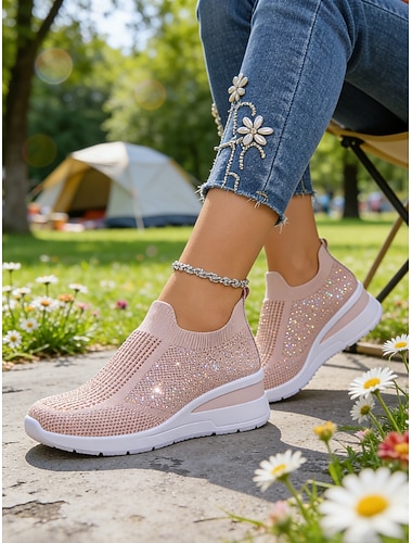  Baskets compensées Flyknit rose pailleté pour femmes – chaussures en maille légères et élégantes pour la marche, le shopping, les voyages et le quotidien
