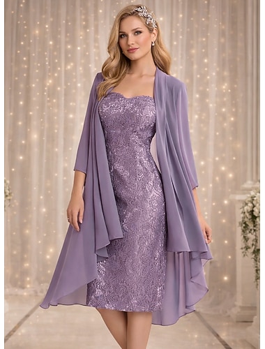  Zwei-Piece Kleid Sets Knie-langes Hochzeitsgastkleid Brautmutterkleid 3/4 Länge Ärmel Herzausschnitt Elegant Einfach Formal Hochzeitsgast mit unifarbene