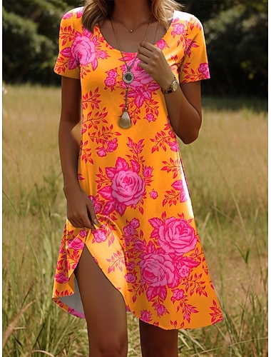  Per donna Mini Abito Vestito T-Shirt Abito a trapezio Abito Estivo Casual Quotidiano Vestibilità regolare Floreale Grafico Manica Corta Girocollo Bianco Arancione Estate Primavera