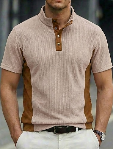  Herren Cordhemd Henley Hemd T-Shirt Kurzarm Einfarbig Einfach Texture Mode Designer Lässig Knöpfe Stehkragen Henley Lässig Täglich Outdoor Sommer Frühling Herbst Dunkel Braun Schwarz Weiß Henley