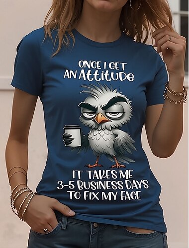  Dámské Tričko Slátanina Tisk Kočka Písmeno Legrační slang Základní Krátký rukáv Kulatý Běžné topy Denní Vodní modrá Námořnická modř Léto Jaro Podzim Zima I'm Fine Everything Is Fine