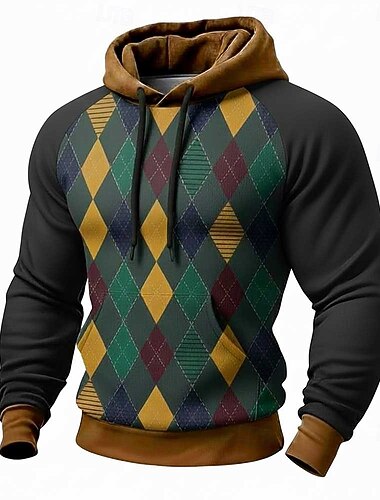  Homme Géométrique Plaid Sweat à capuche Sweatshirt Mode Quotidien manche longue Col ras du cou Maison Vêtements de rue Soirée Bleu Marron Vert Cordon de serrage Automne Hiver Designer S M L XL XXL XXL