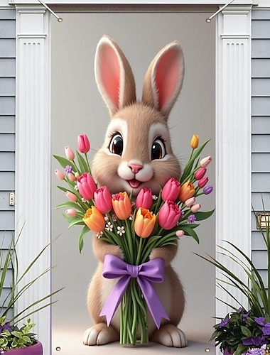  Décoration de porte lapin de Pâques, adorable lapin avec des tulipes colorées et un nœud violet, charmante décoration printanière pour Pâques, parfaite pour la porte et la décoration extérieure