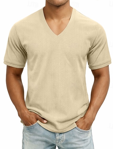  Herren Cordhemd T-Shirt Kurzarm V Ausschnitt Sommer Frühling Herbst Einfarbig Einfach Gestreift Mode Designer Lässig Knöpfe Warm Lässig Täglich Outdoor Schwarz Marineblau Kaki Top T-Shirt für Herren