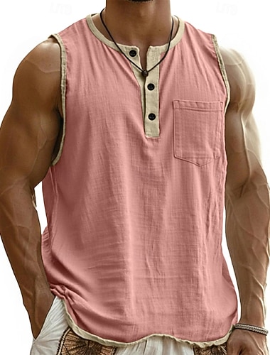  Homme Chemise en lin Débardeur Sous-Vêtements T-shirt sans manches Sans manches Henley Été Printemps Uni Mode Designer Basique Avec Poches Boutons Occasionnel Vacances Rue Noir Rose Claire bleu marine