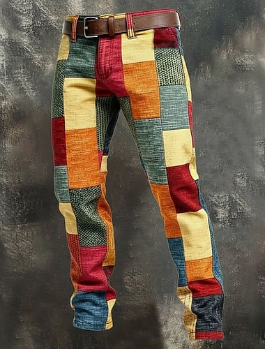  Homens Geométrica Bloco de cor Retalhos Calças Social Calças de Terno Cintura Média Casual Ao ar livre Férias Calças Slim Fit com Bolsos Primavera Outono Impressão 3D Azul Laranja Verde