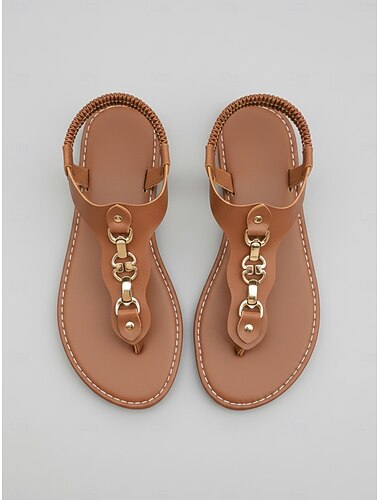  sandali bassi da donna con cinturino a T color marrone chiaro – design minimalista con elastico, sandali casual leggeri per gite estive, vacanze, passeggiate informali e uso quotidiano