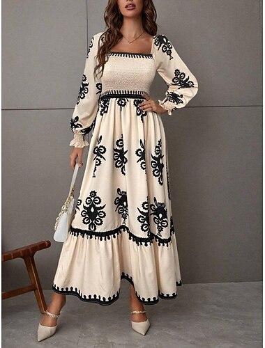  Damen Maxikleid A Linie Kleid Blumenkleid Elegant Mode Modern Outdoor Urlaub Party Normale Passform Blumen Langarm Quadrathals Schwarz Burgunderrot Braun Aprikose Frühling Herbst