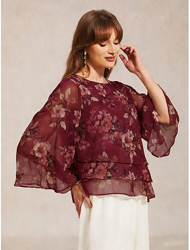  Dames Blouse Chiffon-topjes Veters Bloemig Elegant 3/4 mouw Bel Strakke ronde hals Normale tops Dagelijks Bruiloft gast Feestdagen Wijn Zomer Lente Herfst