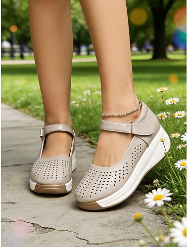  Dámské khaki prodyšné boty Mary Jane na platformě – lehká a podpůrná obuv pro volný čas do práce, na chůzi, cestování a každodenní nošení