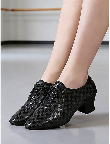  Sorte damesko med vævede snørebånd, professionelle dansesko, lav blokhæl til ballroom &latinamerikanske træningssko til studietræning