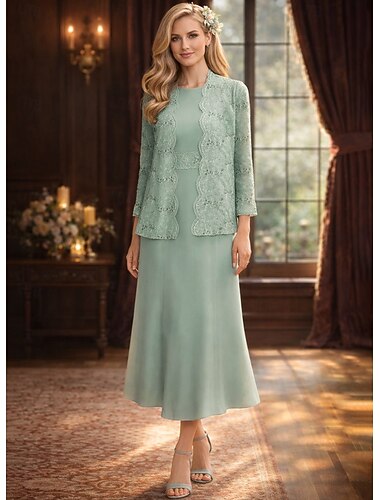  Due Pezzi Linea ad A Lunghezza alla caviglia Abito da invitata a nozze Abito da cerimonia per signora Manica Lunga Scollo a Barca Elegante Semplice Lussuoso Formale Ospite di nozze Chiffon con Pizzo