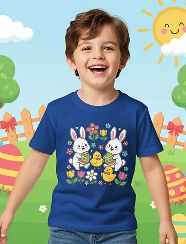  Katoen 100% katoen Pasen Kinderen Jongens blauw Zwart Wit Grafisch Konijn T-shirt Blouse Strakke ronde hals Korte mouw Buiten Pasen Dagelijks gebruik Modieus Streetwear Ontwerper Opdrukken Zomer Lente