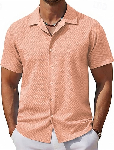  Herren Hemd Textur Freizeithemd Knopfhemd Gelb Rosa Kaki Kurzarm Einfach Hemdkragen Lässig Täglich Jacquard Bekleidung Elegant Mode Lässig