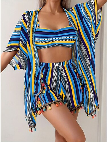  Damen Badeanzug Bikini Dreiteilig Shorts Bademode Schlank Rückenfrei Urlaub Strandbekleidung Gestreift Neckholder Ärmellos Badeanzüge