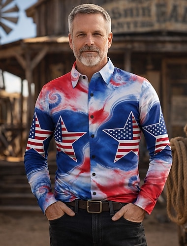  250-årsjubileum i USA Retro / vintage 1970erne قميص Aloha skjorte Lange Ermer Hippie Geometrisk Etnisk Kostyme Herre Maskerade 4. juli Fest Uavhengighetsdagen Voksne Trøye