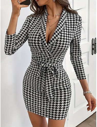  Dame Mini kjole Bodycon kjole Semiformelle kjoler Kontor Tynn Hundetannmønster Langermet V-hals Svart Sommer Høst