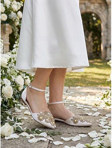  Sapatos de dama de honra femininos, cor champanhe com strass e tira no tornozelo – sapatos elegantes para vestido de noiva