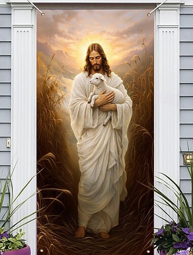 Ostertürdekoration mit einem friedvollen Jesusbildnis, das ein Lamm in einem goldenen Weizenfeld hält; christliche Dekoration für die Osterzeit, perfekt für die Karwoche und die Frühlingsfeiertage.