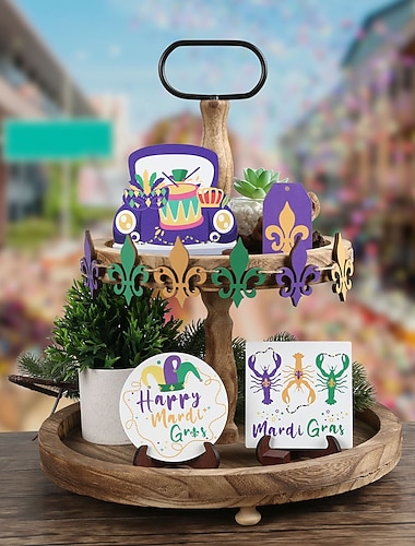  Mardi Gras-dekorasjonssett med flere lag, skilt i gårdshustre til Fat Tuesday, lilla grønn gulldekorasjoner til hjem, kjøkken, bord, festutstyr til karneval (brett ikke inkludert)