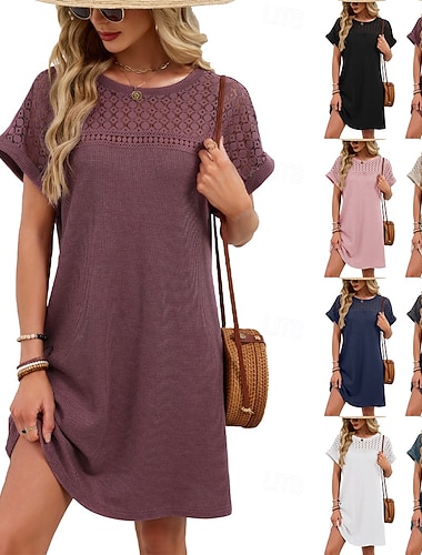  Damskie Sukienka mini Sukienka t-shirtowa Letnie sukienki Codzienny Codzienny Luźna Równina Krótki rękaw Półgolf Niebieski Biały Rumiany róż Czerwony Lato