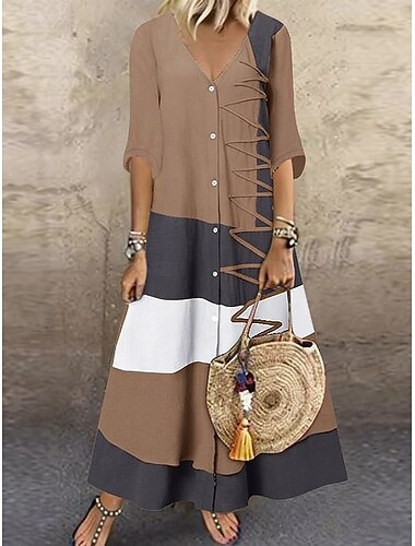  dames color block v hals maxi jurk half mouw zomer