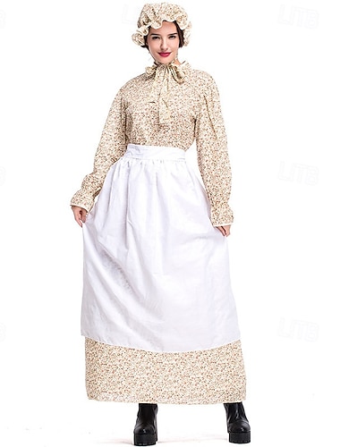  250e anniversaire des États-Unis 19ème siècle années 1800 Robe Prairie Ensemble bonnet et tablier Manches longues Fille pionnière Epoque Coloniale Pionnier Guerre d'indépendance américaine Fleuri