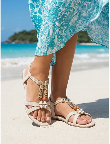  Platte sandalen voor dames in boho-chic stijl met decoratieve metalen kralen – comfortabele schoenen voor casual gelegenheden, strandbruiloften, zomerevenementen en vakanties.