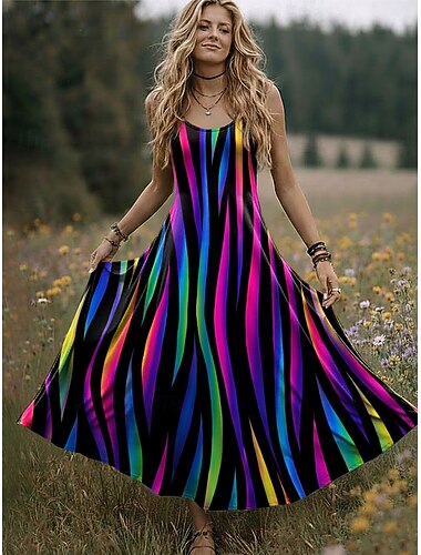  Damen Midikleid Sommerkleid Urlaub Lässig Boho Strand Normale Passform Grafik Ärmellos Rundhalsausschnitt Königliches Blau Sommer Frühling