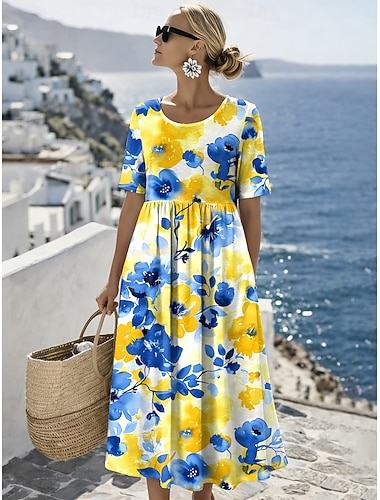  Femmes Robe Midi Robe fourreau Vacances Occasionnel Fête Coupe régulière Fleuri Graphique Manche Courte Col ras du cou Bleu Jaune Violet Orange Été Printemps