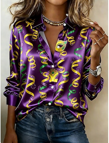  Mardi gras Dames Overhemd Grafisch Geometrisch Abstract Vintage Stijlvol Modern Lange mouw Overhemdkraag Normale tops Dagelijks Feestdagen Geel Paars Groen Zomer Lente