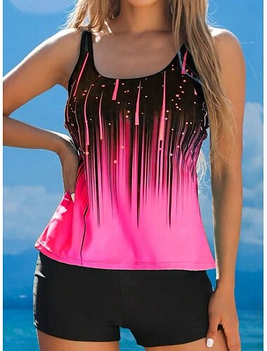  Dames Zwemkleding Tankini Hoge taille Zwempak Actief Tropisch Ombre U-hals Mouwloos Badpakken