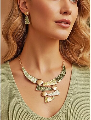  Sett med bohemsk halskjede og øredobber i legering for kvinner, flerfargede teksturerte geometriske smykker, elegante tilbehør i bohemsk stil for kvinner, perfekt for fritidsklær, ferier, festivaler og fester