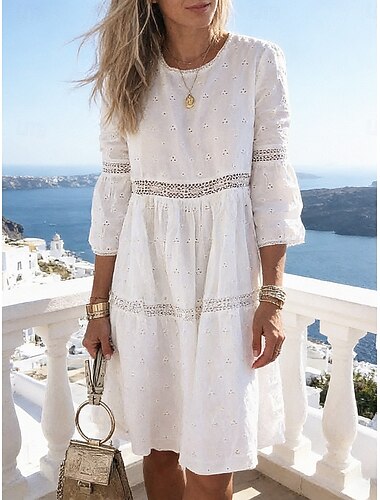  Damen Knielanges Kleid Weißes Spitzenkleid Kleid mit Lochstickerei Elegant Mode Modern Outdoor Strand Urlaub Lässiger Schnitt Einfach Halbarm Rundhalsausschnitt Blau Weiß Gelb Purpur Sommer Frühling