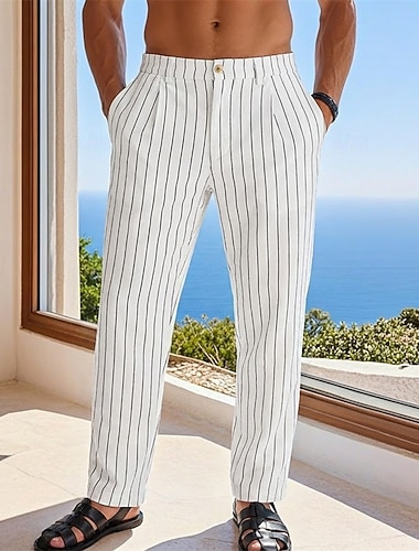  Herren Leinenhosen Hose Anzughose Sommerhose Baggy-Hosen Tasche Gerader Schnitt Gestreift Komfort Atmungsaktiv Volle Länge Lässig Täglich Outdoor Urlaub Hawaiianisch Schwarz Weiß Unelastisch