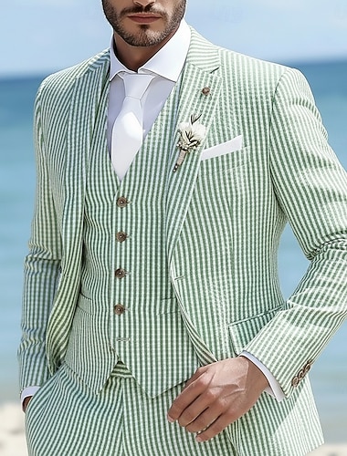  Masculino Smoking Ternos de seersucker casamento na praia Casamento na primavera Rosa Azul Céu Primavera Verão Terno Lapela Chanfrada Diário Festa Listrado Moderno Conjunto de 2 peças Comum 1 Botão