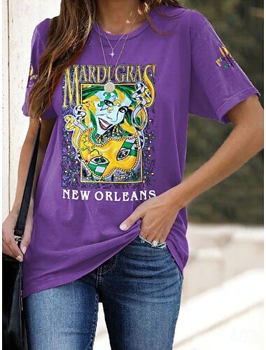  Carnaval Mardi gras Dames T-shirt Afdrukken Ombre Grafisch Stijlvol Klassiek Casual Korte mouw Strakke ronde hals Ronde hals Normale tops Dagelijks Zwart Geel Paars Zomer Lente