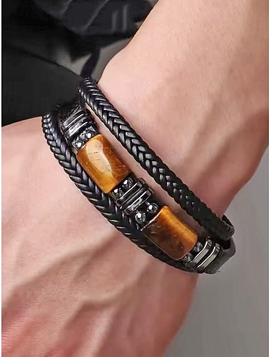  Herenarmband van natuursteen en imitatieleer, gevlochten, casual stijl, verkrijgbaar in verschillende kleuren, modieus sieraad voor dagelijks gebruik en streetstyle.