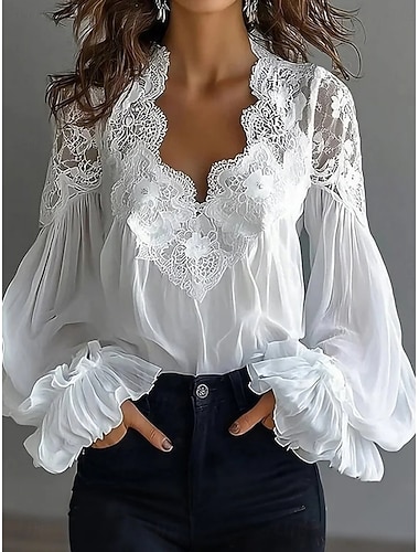  Damen Spitzenbluse Bluse Spitze Patchwork Einfarbig Elegant Stilvoll Basic Langarm V Ausschnitt Normale Oberteile Täglich Ausgehen Schwarz Weiß Sommer Frühling Herbst