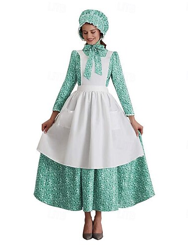  250e jubileum VS 19e eeuw jaren 1800 Prairiejurk Bonnet en schortset Lange Mouwen Pionier Meisje Koloniaal Pionier Onafhankelijkheidsoorlog Bloemig A-lijn Kostuum Dames Halloween Carnaval 4 juli