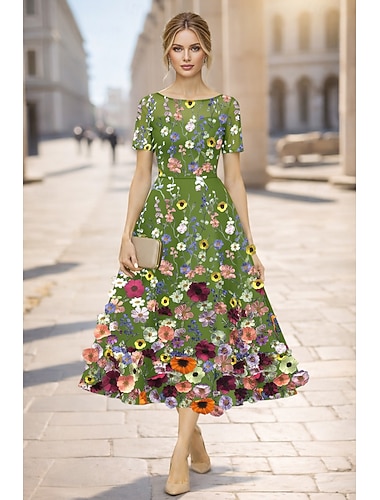  Ligne A Longueur cheville Longueur thé Robes de Cocktail Élégant Floral Manche Courte Col Bateau Mariage Formel Dentelle avec Broderie Appliques