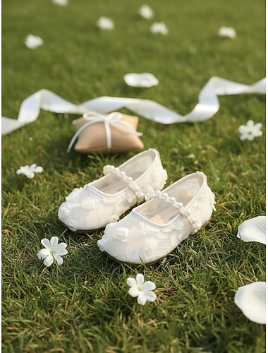  Barnesko med blonder, perlebånd og Mary Jane-sko med blomsterapplikasjon, elegante prinsessesko i bryllupsstil for små jenter, komfortable pensko med lav hæl til seremonier