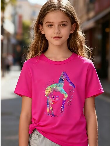  Tyttöjen 3D Kuvitettu T-paita Lyhythihainen 3D-tulostus Kesä Kevät Urheilu Muoti Katutyyli Lapset 4-12 vuotta Tiukka pyöreä kaula-aukko Kausaliteetti Päivittäin ulko- Normaali