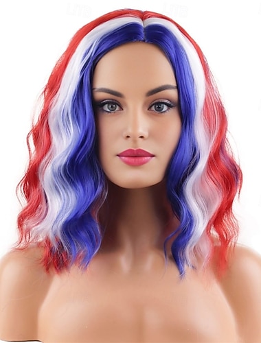  Perruque drapeau du 4 juillet pour femmes perruques courtes bouclées rouges blanches et bleues pour cosplay de fête de l'Indépendance