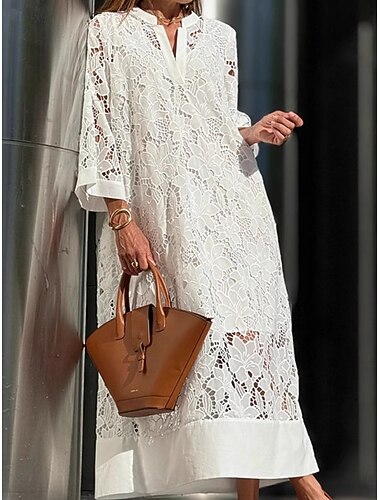  Dames Maxi-jurk Kanten jurk Witte jurk Modieus Modern Buiten Strand Vakantie Ruim Passend Effen Lange mouw V-hals Wit Zomer Lente
