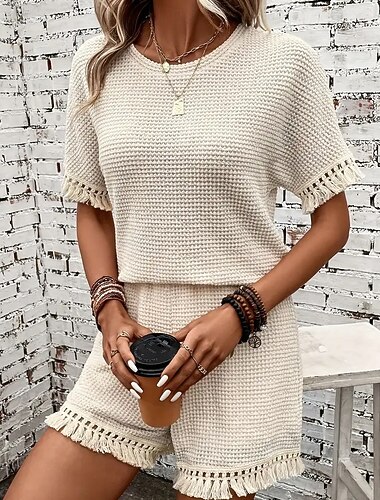  Dames Tweedelige sets T-shirt Shorts Sets Korte mouw Strakke ronde hals Effen Kleur Kwastje Modieus Streetwear Casual Dagelijks Buiten Zwart Khaki Beige Zomer Normale pasvorm