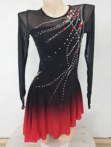  Figure Skating Dress Women's Girls' Ice Skating Dress Black Red White Patchwork High Elasticity Training Competition Skating Wear Classic Crystal / Rhinestone Long Sleeve Ice Skating Figure Skating