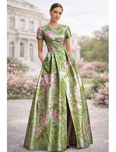  Corte A Hasta el Suelo Vestidos de noche Corte Cenicienta Elegante Vintage Floral Manga Corta Cuello Barco Fiesta de jardin Boda Bolsillo Satén con Estampado flor Plisado Bolsillo