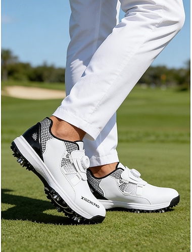  Hvite golfsko for menn, atletisk snøredesign, støtdempende såle, moderne sportsstil for golfbaner og trening